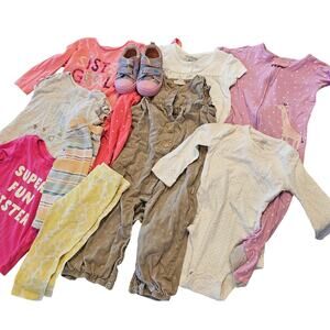 18 month mix of 11 baby girl clothes overalls pajamas tops pants mix brands